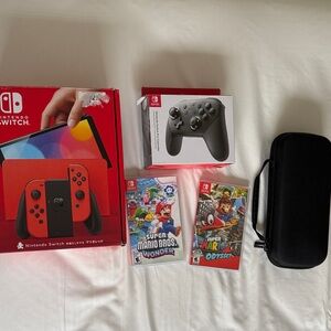 Nintendo Switch OLED Console + Bundle (Pro Controller + 2 games + travel case)